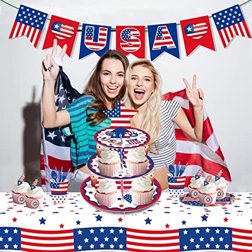 Dia da bandeira Independência Dia de 3 camadas Cupcake Toelas de mesa descartáveis, decoração de mesa do suporte para cupcakes