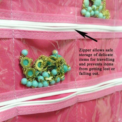 Wrapables® 28 bolsos com zíper pendurado Organizador de jóias com 21 loops de retenção, rosa