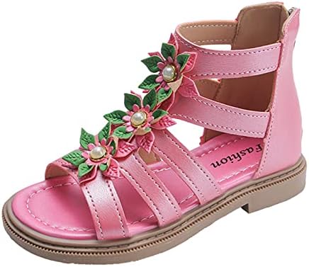 Sandálias de top adoráveis ​​de meninas adoráveis ​​com enfeites florais e zíper traseiro conveniente perfeito para sapatos esportivos