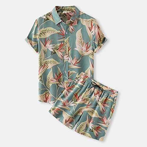 Terno de estampa folhas do Havaí, masculino de manga curta de duas peças, shorts de bolso de camisa de colar