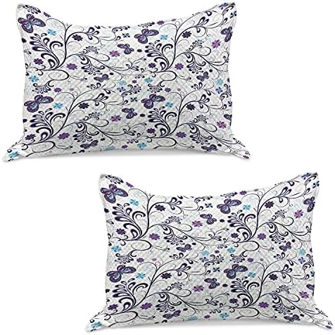 Ambesonne Floral malha de colcha de travesseira, primavera com borboletas inspiradas e galhos de galhos de design, capa padrão de travesseiro de tamanho king para quarto, 36 x 20, azul pálido escuro pálido