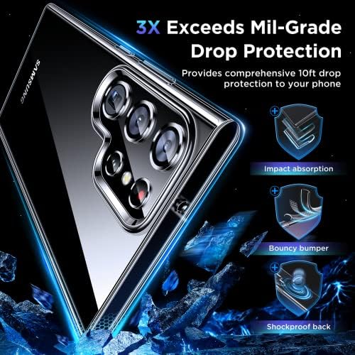 Humixx Ultra Clear para Samsung Galaxy S23 Caso Ultra, [nunca amarelo] [Proteção à prova de choques de Mil-grau] 2x Protetor de tela flexível + Protetor de câmera 2x Soft Slim Transparent Case 6.8 ”