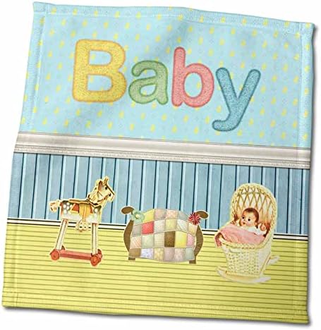 3drose Baby Room com bebê no berço, cavalo de balanço e colcha na cama de bebê - toalhas