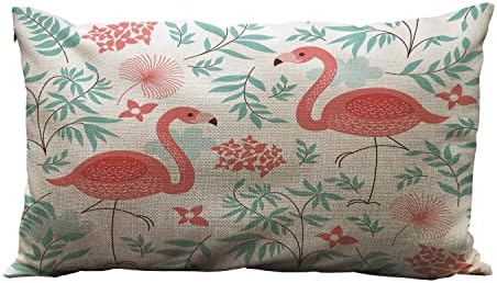 Wozukia Pink Flamingo Tampa de travesseiro de arremesso em pé em folhas verdes e flores vermelhas de linho de algodão