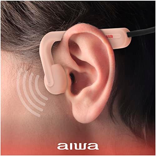 Aiwa Bone Conduzindo fones de ouvido sem fio - fones de ouvido esportivos Bluetooth 5.0 sem fio de orelha aberta, tempo de reprodução de 6 horas, fones de ouvido à prova d'água IPX5 para academia, corrida, caminhada e ciclismo, rosa