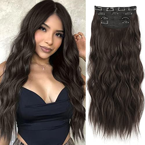 Extensões de cabelo preto longas de Cisyia para mulheres 4pcs clipes de cabelo sintéticos ondulados em calçada de 20 polegadas de espessura para mulheres meninas