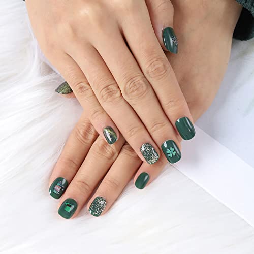 Jovono St.Patrick's Press On Nails Green Short Oval Fake Unhas Shamrock Four Clover False Unhe