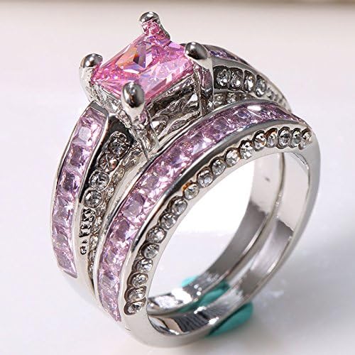 Mulheres 925 Silver Pink Sapphire noivado de noivado Party Prom Conjunto de anel Tamanho 6-10