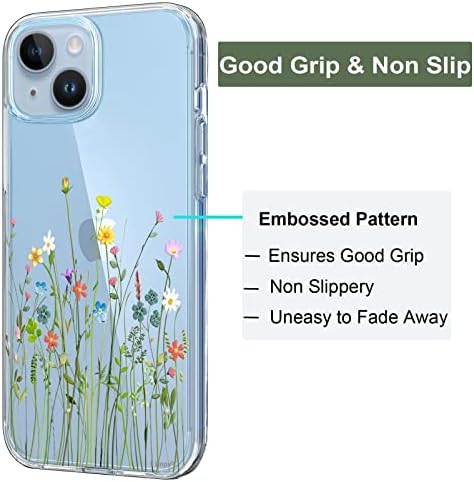 Caixa UNOV Compatível com o iPhone 14 Caso IPhone 13 Caso limpo com design de design floral com relevo Soft TPU Slim
