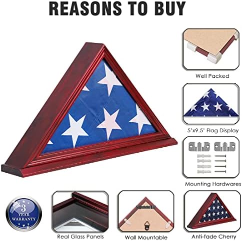 Exibição de exibição de bandeira Triângulo Militar de sombra Caixa de sombra com base plana se encaixa em uma bandeira do funeral de veteranos americanos de 5'x9.5 '