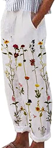 Calças de linho de algodão para mulheres calças capri casuais de verão com bolsos calças de harém floral com cintura alta