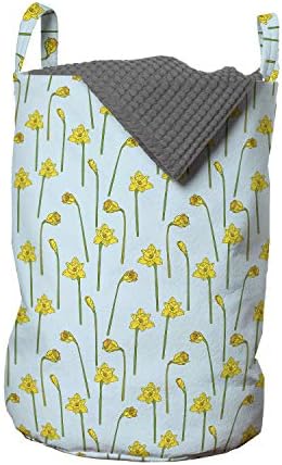 Bolsa de lavanderia de flor de Ambesonne, padrão floral simples de desenho animado com narcisos, cesto de cesto com alças fechamento de cordão para lavanderias, 13 x 19, mostarda azul pálida