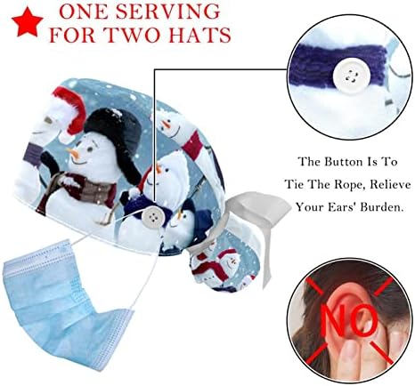 2 PCs Nurse Scrub Caps Cabelos longos, Banta de trabalho ajustável de floco de neve de Natal com botão e banda de moletom