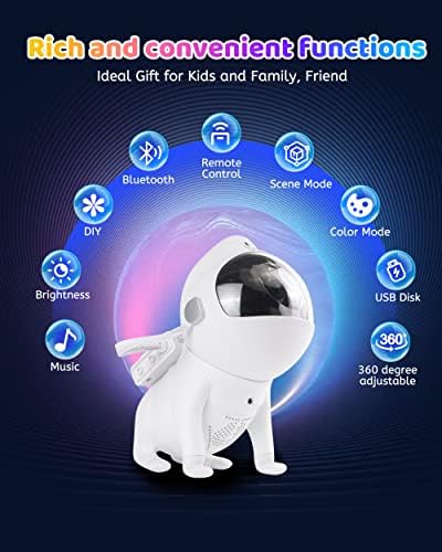 Xubialo Star Projecor Space Dog, Galaxy Projector com design ajustável de 360 ​​°, 21 modos de cores, alto -falante de música bluetooth, 8 ruídos brancos, projetor de luz de astronauta para crianças e adultos