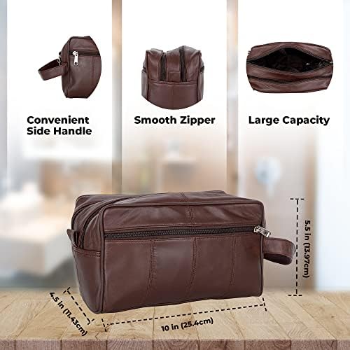 Liberty Leather Brown Deluxe Ovelha NAPA Saco de viagem de higieness unissex com zíper duplo de banheiro para homens e mulheres Kit