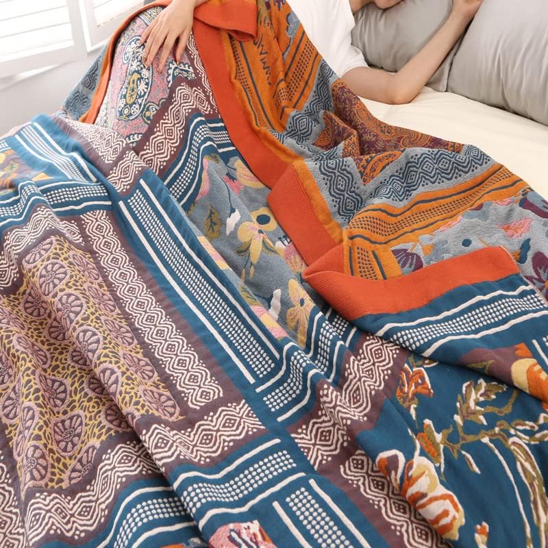 Kinbedy 4 camadas de cobertor de gaze, algodão super macio Boho BOHO Clanta de cama respirável leve, cobertor de musselina colorido para todas as estações, tamanho queen, 79 x 92 polegadas.
