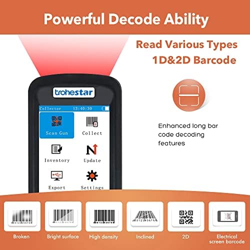 Trohestar Wireless Barcode Scanner Scanner portátil Scanner 1D 2D Counter Distância de transmissão longa Multifuncional 2,8 polegadas LCD LCD Code Reader para armazém, biblioteca, loja