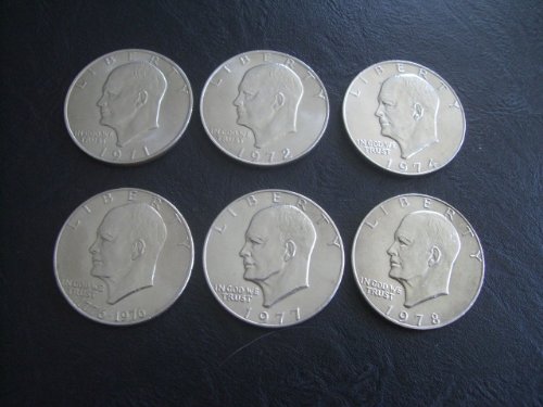 1971-1978 P Todos os 6 ike Eisenhower circularam moedas em dólares do Phliladelphia Horty