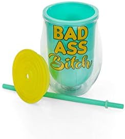 Toynk Bad Ass Bitch Bitch Reutilable Wine Carnival Cup com tampa e palha | Copa do copo de isolamento duplo perfeito para festas
