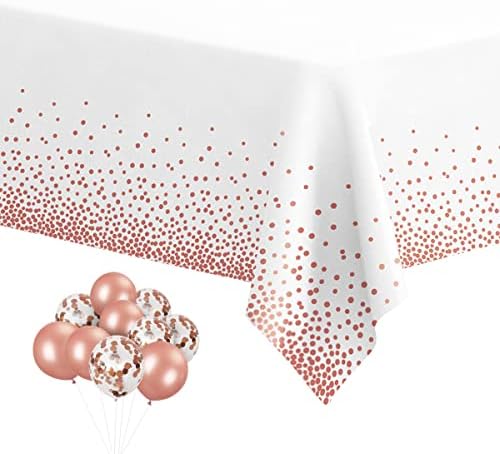 Toalhas de mesa de plástico Homix para mesas de retângulo, toalhas de mesa descartáveis ​​para festas, tampas de mesa retangulares de confetes de ouro rosa, com 30 balões para festas Casamento Bridal Chuser, 54 x 108