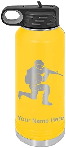 Lasergram 40 oz de parede dupla flip top water garrafa com palha, soldado militar, gravura personalizada incluída