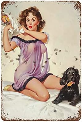 Retro Pin Up Girl 1950s Lingerie sexy Mulher e pintura de cachorro Poster de parede Banda de metal vintage Sinais de lata de garagem Placa Decorativa sala de estar Garden Garda Hotel Hotel Cafe Bar ， 8 × 12 （20x30cm）