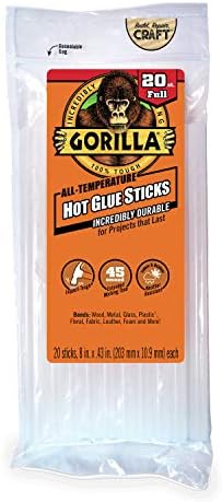 Gorilla Hot Glue Sticks, Tamanho completo, 4 de comprimento x .43 Diâmetro, contagem de 45, transmissão e cola quente, tamanho completo, 8 de comprimento x .43 diâmetro, 20 contagem, clara,