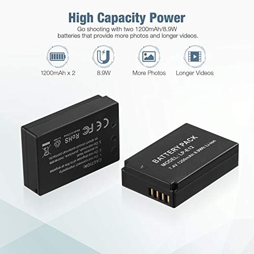LP-E12 Bateria de bateria + carregador USB duplo compatível com SX70 HS, Rebel SL1, E-M, E M2, E M10, E M50, E M100, E M200 Câmeras digitais sem espelho