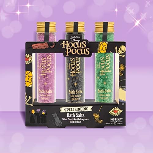 Mad Beauty Disney Hocus Pocus Sais de banho Tubos de teste, ameixa de veludo e aroma de baunilha, cuidados com o corpo