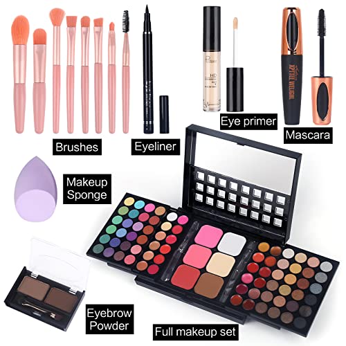 Kit de maquiagem completa com aplicador - 78 Conjunto de presentes cosméticos coloridos incluem sombra de sombra/batom/blush/contorno/corretivo,