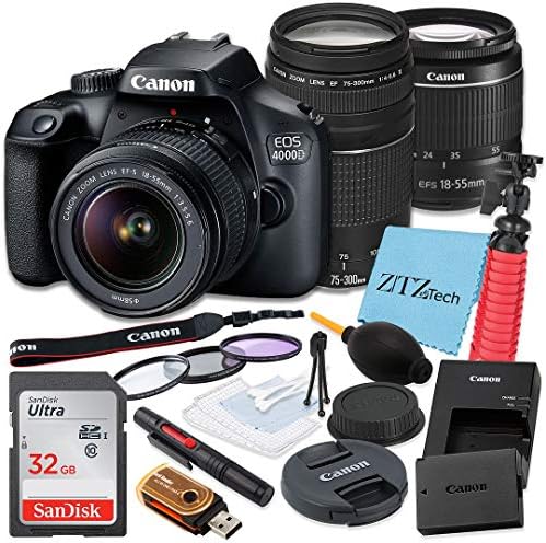Câmera de DSLR da Canon EOS 4000D / Rebel T100 DSLR 18-55mm + 75-300mm lente zoom, cartão de memória Sandisk 32 GB, tripé, filtro