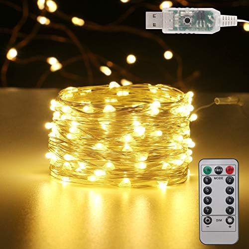 Luzes de corda de fada de Hannahong Twinkle, 33 pés 100 LED, 8 modos plug -in USB com remoto e temporizador, arame de cobre à prova d'água piscando luz estrelada para o pátio de Natal ao ar livre, branco quente, branco quente
