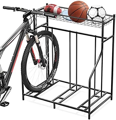 Gadroad 3 Bike Rack Garage com cesta de armazenamento, piso de bicicleta, estacionamento de bicicleta organizador de garagem, estação de bicicleta de piso de metal para bicicleta de montanha/crianças, preto