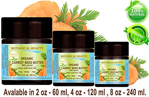 Óleo de semente de cenoura orgânica - manteiga crua. natural/virgem/não refinado. 4 fl oz - 120 ml. Para a pele, cabelos, lábios e cuidados com as unhas.