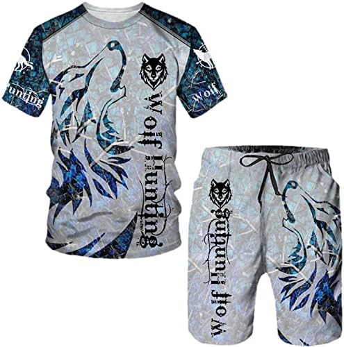 Summer Men's Animal White O-Gobes Tops Wolf 3D Camiseta impressa+shorts Terde-traje casual de 2 peças de manga curta conjuntos