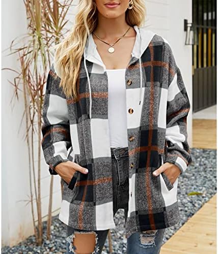 Jaqueta longa longa de manga longa para mulheres ativas outono elegante de tweed speas de roupas xadrez com capuz com capuz confortável