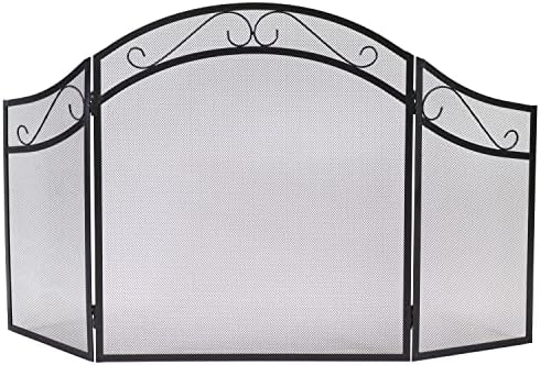 Tela da lareira de 3 painéis de aço SunnyDaze-Design de rolagem elegante com acabamento preto com revestimento de pó-tela decorativa