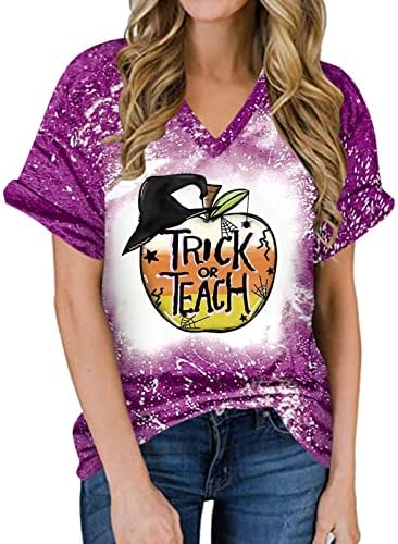 T-shirt vintage de Halloween para mulheres impressão de abóbora Casual Casual Camisões de pulôver de decote em V