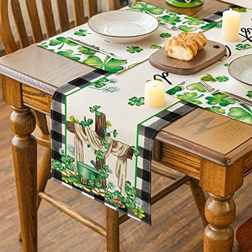 Modo Artóide Buffalo Plaid Shamrock Cross St. Patrick's Day Table Runner, Spring Holiday Kitchen Dining Table Decoration