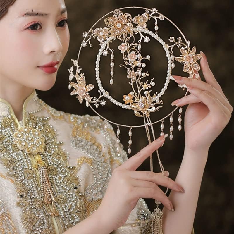 YFSDX Chinese Bridal Hand Bouquet Tipo de Fã Artificial Flor Golden Hollo Metal Redonda Jóias de Casamento Acessórios