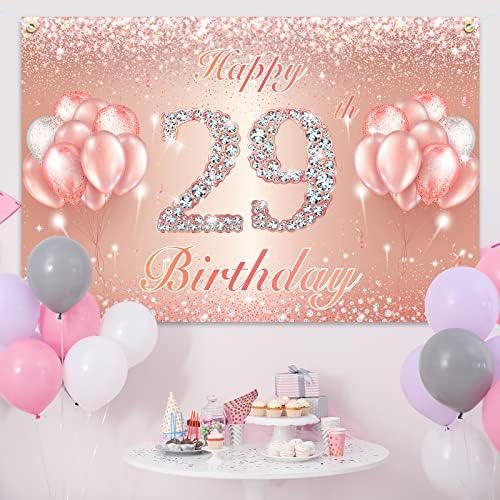 Feliz Banner de 29 anos - Banner de 29 anos - 29 de decoração de festa de aniversário suprimentos para mulheres ou homens - ouro rosa 4 x 6ft
