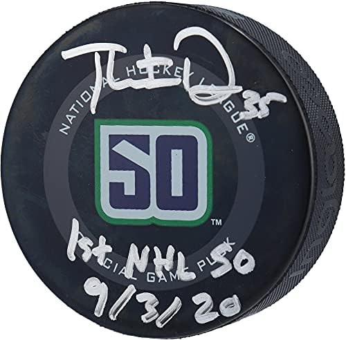 Thatcher Demko Vancouver Canucks autografou o jogo oficial da temporada do 50º aniversário, com 1ª NHL SO 9/3/20.
