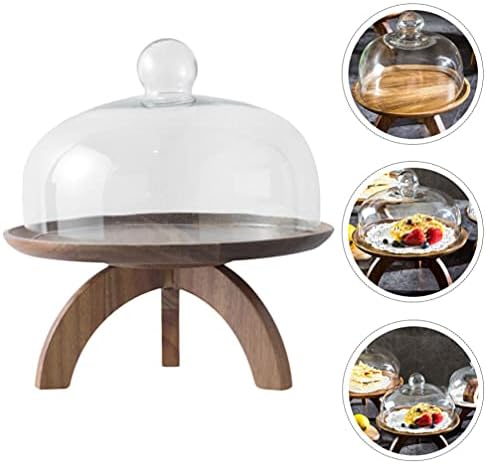 Hemoton Wood Bolo Stand com cúpula de vidro Placa de cúpula de banheiro Placa de placa sobremesa Cupcake Pedestal Salada Tigela