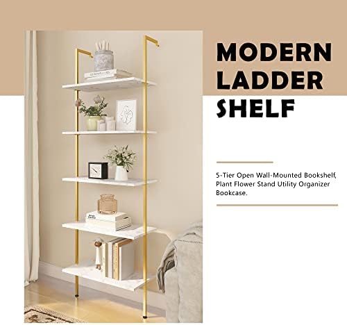 NNV Modern Ladder Prateleira, estante de estante de 5 camadas na parede com estrutura de metal estável, estantes de exibição de armazenamento para sala de estar em casa, Gold White