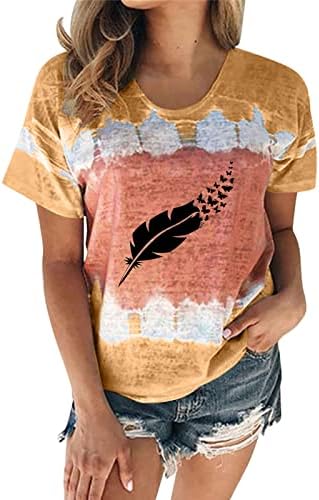 Mulheres gráficas camisetas femininas de moda casual de pescoço redondo impressão de penas de manga curta blusa de blusa