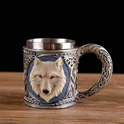 Taisuko Alpha Grey Wolf Celta Tribal Magic Resina 18,6 onças com aro de aço inoxidável Feliz caneca de cerveja de café