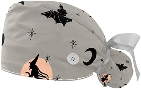 Capas médicas para mulheres com botões cabelos longos, boné de trabalho ajustável de 2 peças, tumba de morcego de gato de gato noturno de Halloween Night Black