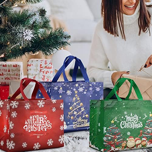 24pcs de mercearia reutilizável de Natal, sacolas de Natal com alças, sacolas de tratamento de Natal, sacolas de Natal multifuncionais
