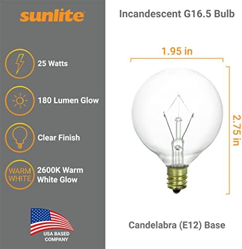 Sunlite 40153-su G16.5 Lâmpadas globais 25 watts, base de candelabros, 120 volts, incandescentes, diminuídos, 12 contagem, 2600k Warm White White