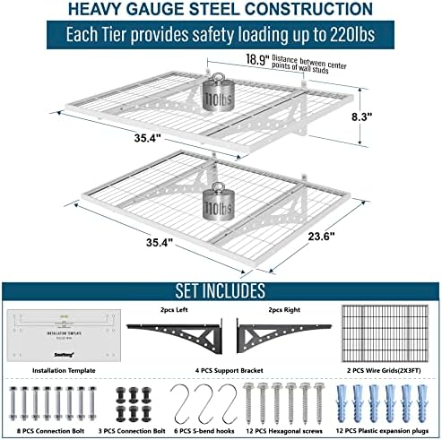 Rack de armazenamento de garagem de 2x3 pés de 2x de 2x3 pés, adequado para garagem, prateleira de armazenamento montada na parede, branca, branca